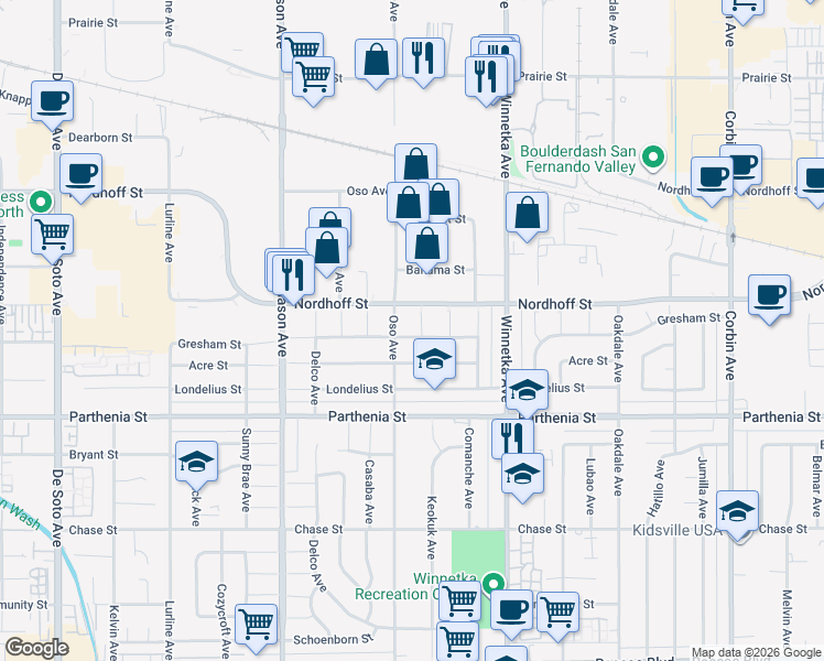 map of restaurants, bars, coffee shops, grocery stores, and more near 8858 Oso Avenue in Los Angeles