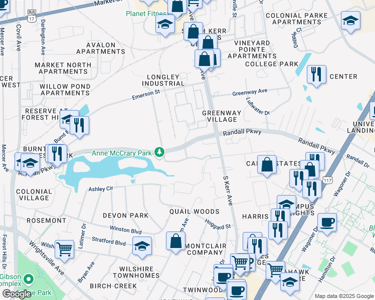 map of restaurants, bars, coffee shops, grocery stores, and more near 18 Randall Parkway in Wilmington