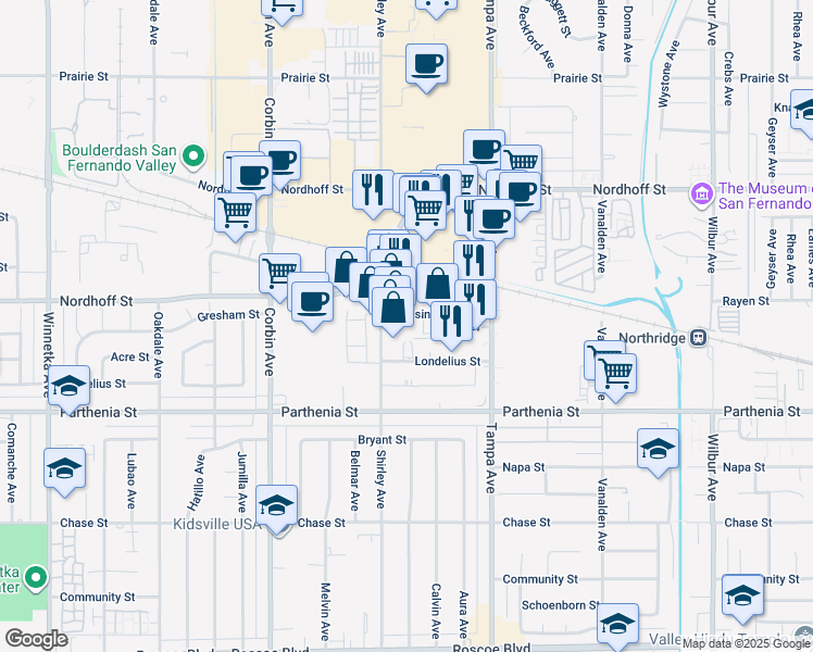 map of restaurants, bars, coffee shops, grocery stores, and more near 19431 Business Center Drive in Los Angeles