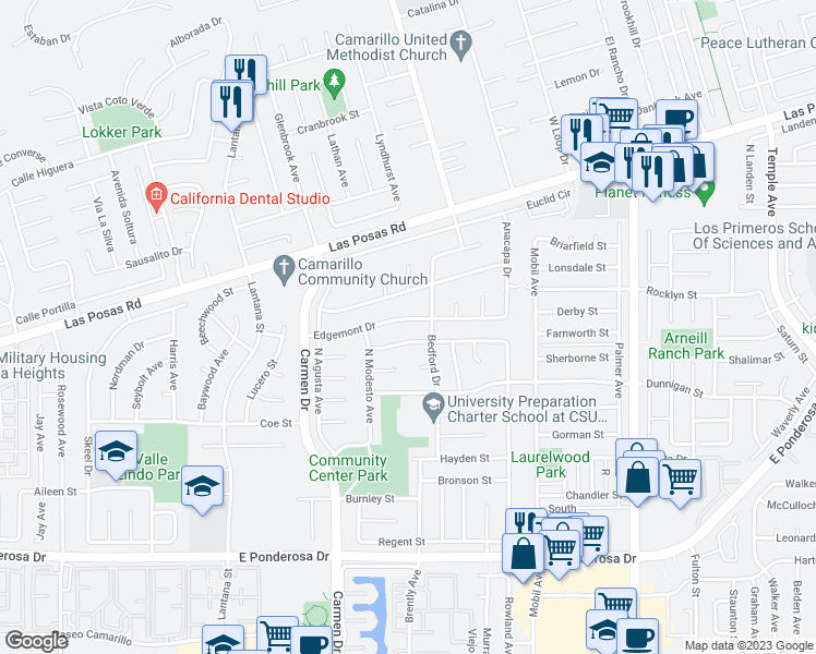 map of restaurants, bars, coffee shops, grocery stores, and more near 1730 Edgemont Drive in Camarillo