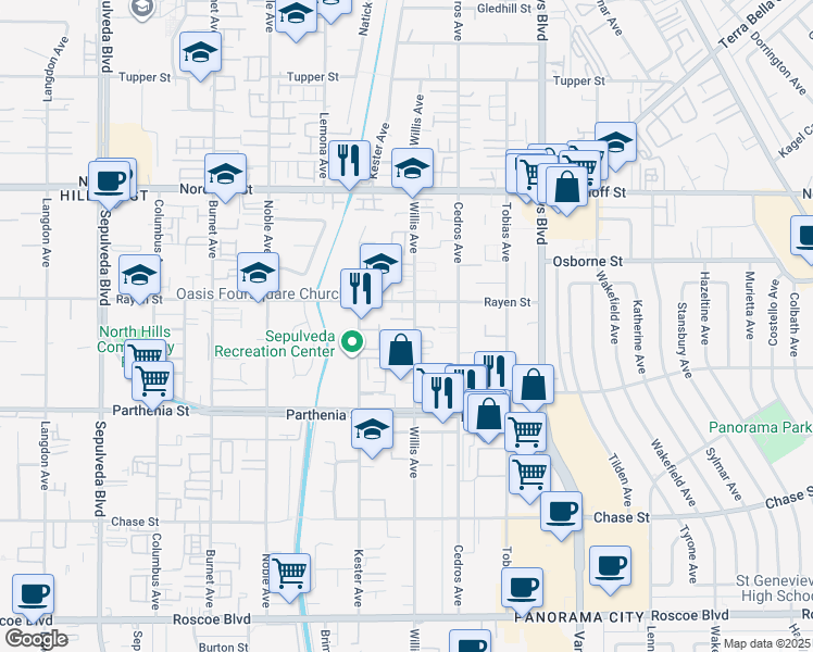map of restaurants, bars, coffee shops, grocery stores, and more near 8847 Willis Avenue in Los Angeles