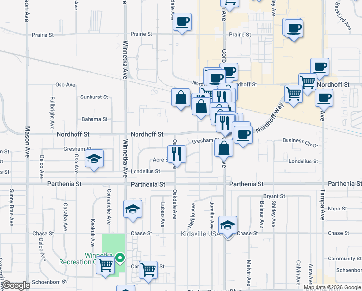 map of restaurants, bars, coffee shops, grocery stores, and more near 8845 Hatillo Avenue in Los Angeles