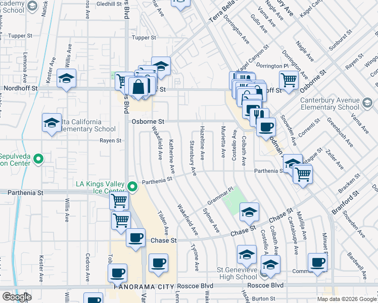 map of restaurants, bars, coffee shops, grocery stores, and more near 8831 Stansbury Avenue in Los Angeles