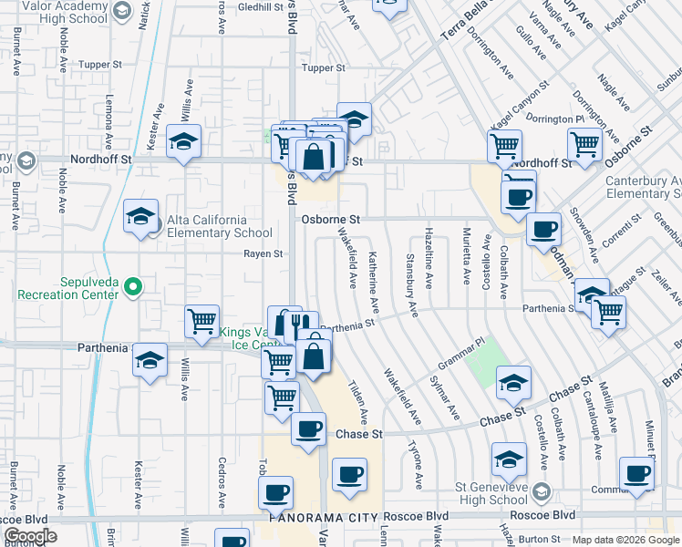 map of restaurants, bars, coffee shops, grocery stores, and more near 8836 Tyrone Avenue in Los Angeles