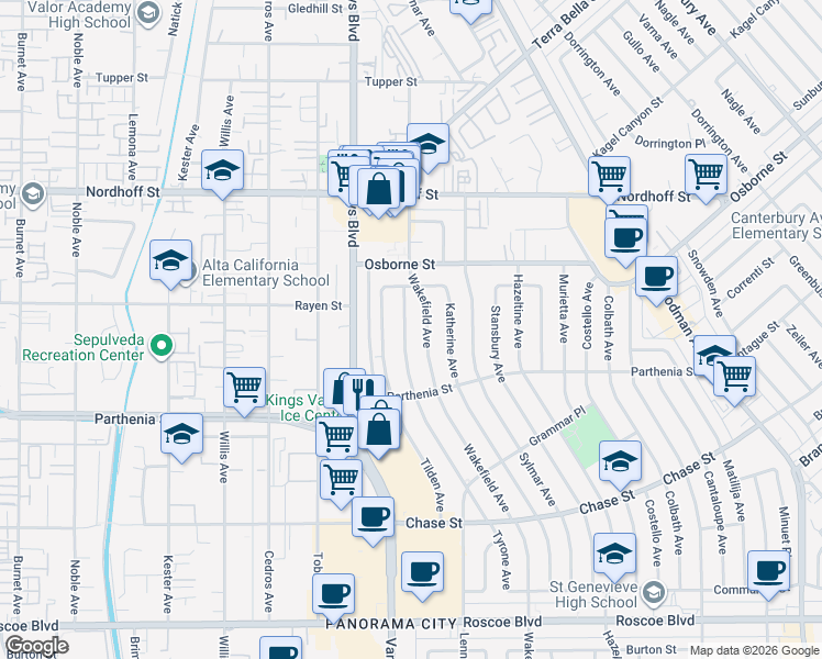 map of restaurants, bars, coffee shops, grocery stores, and more near 8836 Tyrone Avenue in Los Angeles