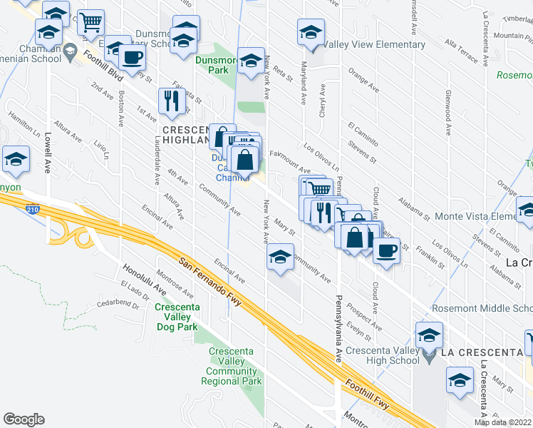 map of restaurants, bars, coffee shops, grocery stores, and more near New York Avenue & Mary Ann Street in Glendale