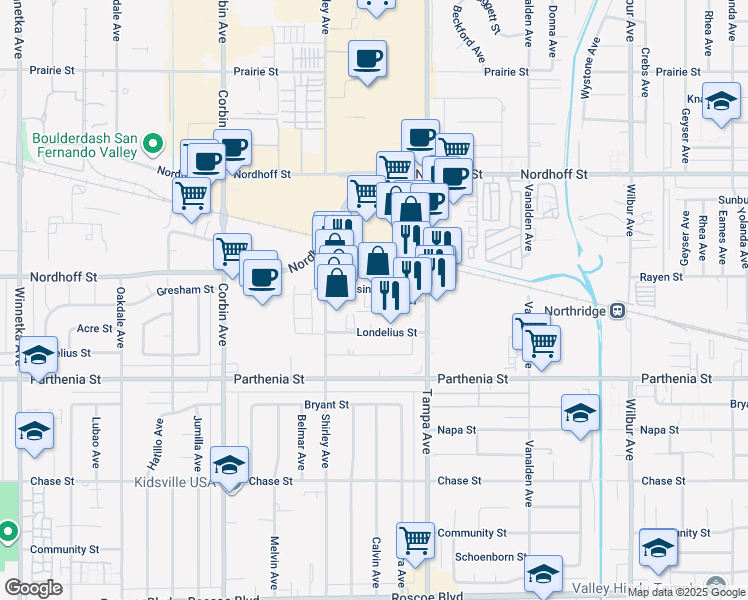 map of restaurants, bars, coffee shops, grocery stores, and more near 19356 Business Center Drive in Los Angeles