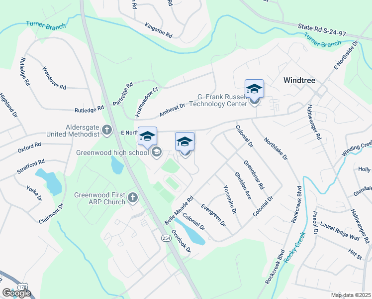 map of restaurants, bars, coffee shops, grocery stores, and more near 220 East Northside Drive in Greenwood