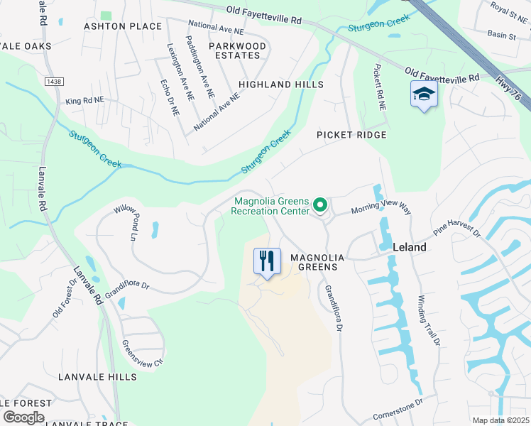 map of restaurants, bars, coffee shops, grocery stores, and more near 1526 Grandiflora Drive in Leland