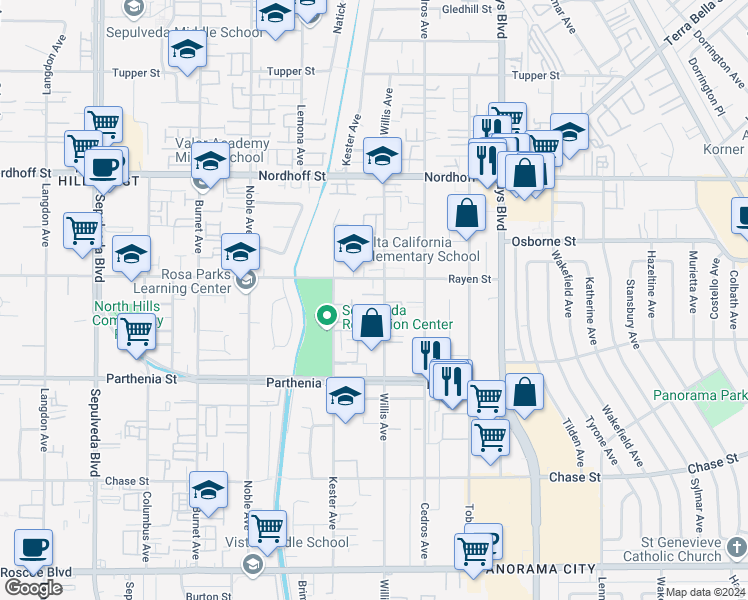map of restaurants, bars, coffee shops, grocery stores, and more near 8847 Willis Avenue in Los Angeles