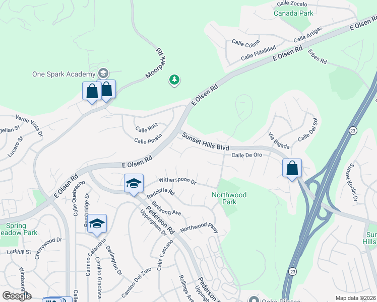 map of restaurants, bars, coffee shops, grocery stores, and more near 1231 Calle De Oro in Thousand Oaks