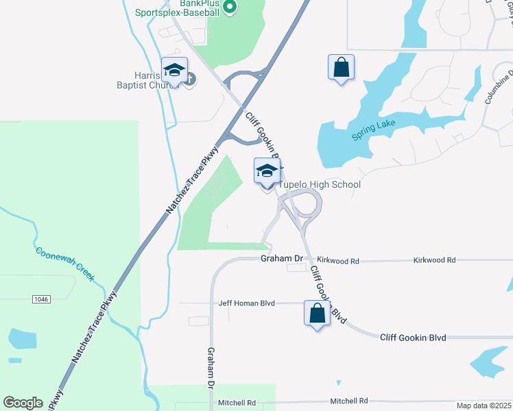 map of restaurants, bars, coffee shops, grocery stores, and more near 4125 Cliff Gookin Boulevard in Tupelo