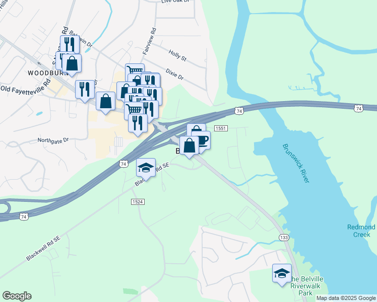 map of restaurants, bars, coffee shops, grocery stores, and more near in Belville