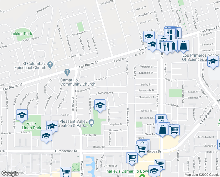 map of restaurants, bars, coffee shops, grocery stores, and more near 1830 Edgemont Drive in Camarillo