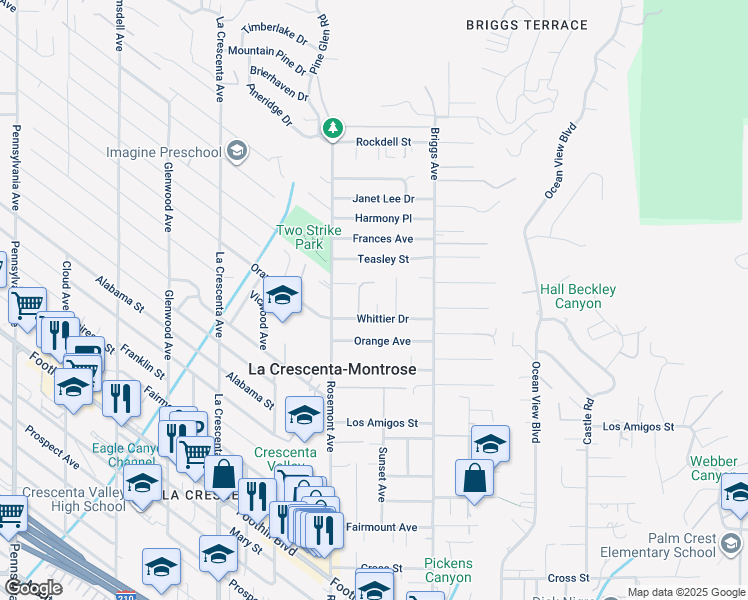 map of restaurants, bars, coffee shops, grocery stores, and more near 2507 Whittier Drive in La Crescenta-Montrose