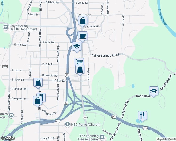 map of restaurants, bars, coffee shops, grocery stores, and more near 1710 High Street Southeast in Rome