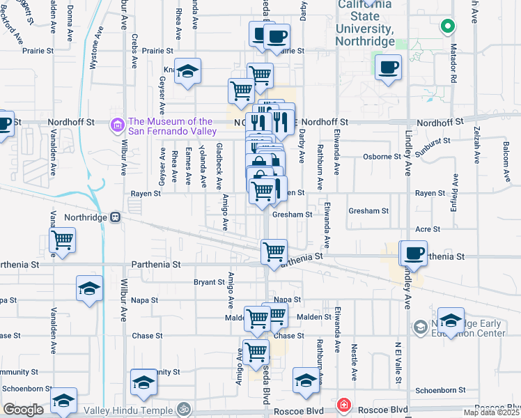 map of restaurants, bars, coffee shops, grocery stores, and more near 8824 Reseda Boulevard in Los Angeles