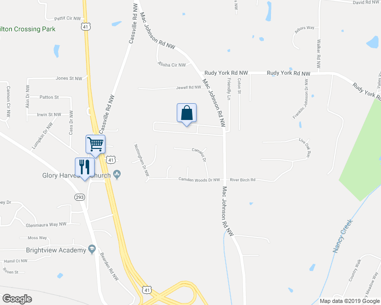 map of restaurants, bars, coffee shops, grocery stores, and more near 25 Camelot Drive in Cartersville