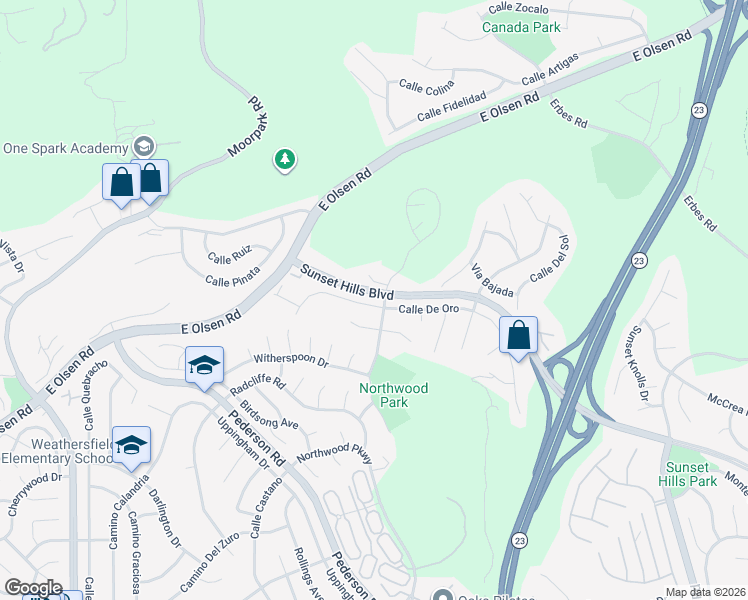 map of restaurants, bars, coffee shops, grocery stores, and more near 1369 Calle De Oro in Thousand Oaks