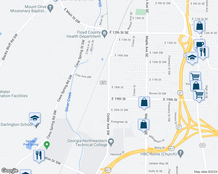 map of restaurants, bars, coffee shops, grocery stores, and more near 1 East 18th Street in Rome