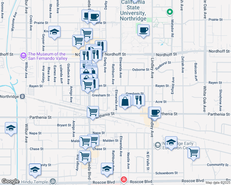 map of restaurants, bars, coffee shops, grocery stores, and more near 8844 Darby Avenue in Los Angeles