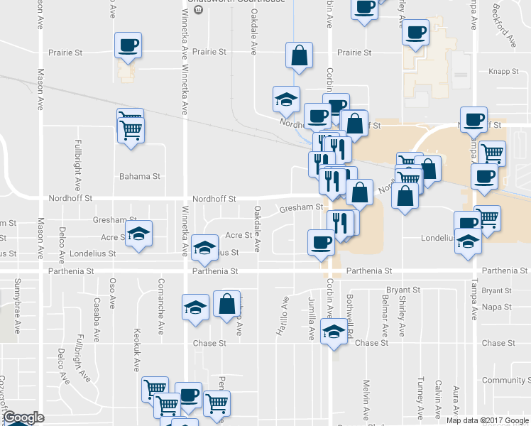 map of restaurants, bars, coffee shops, grocery stores, and more near 8845 Hatillo Avenue in Los Angeles