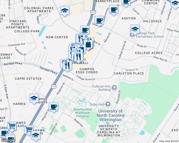 map of restaurants, bars, coffee shops, grocery stores, and more near 463 Racine Drive in Wilmington