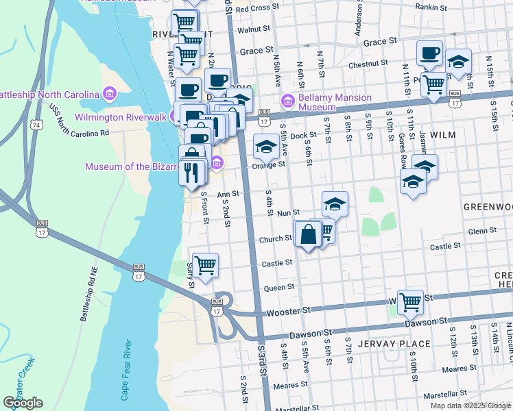 map of restaurants, bars, coffee shops, grocery stores, and more near 306 South 4th Street in Wilmington