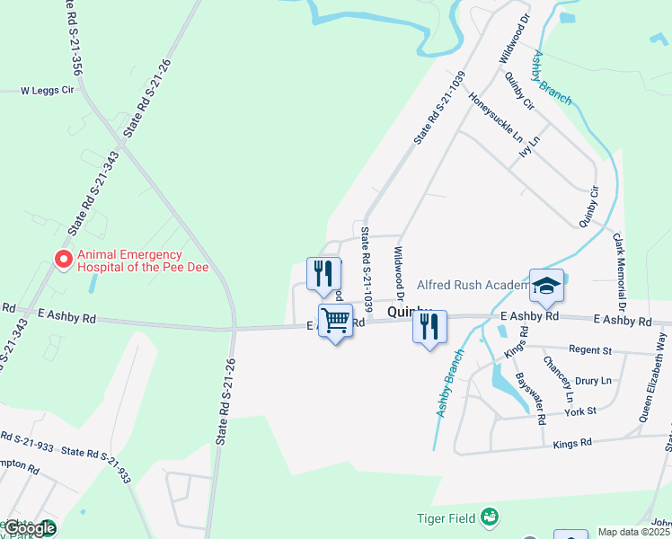 map of restaurants, bars, coffee shops, grocery stores, and more near 113 Dogwood Lane in Quinby