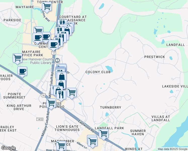 map of restaurants, bars, coffee shops, grocery stores, and more near 1739 Signature Place in Wilmington