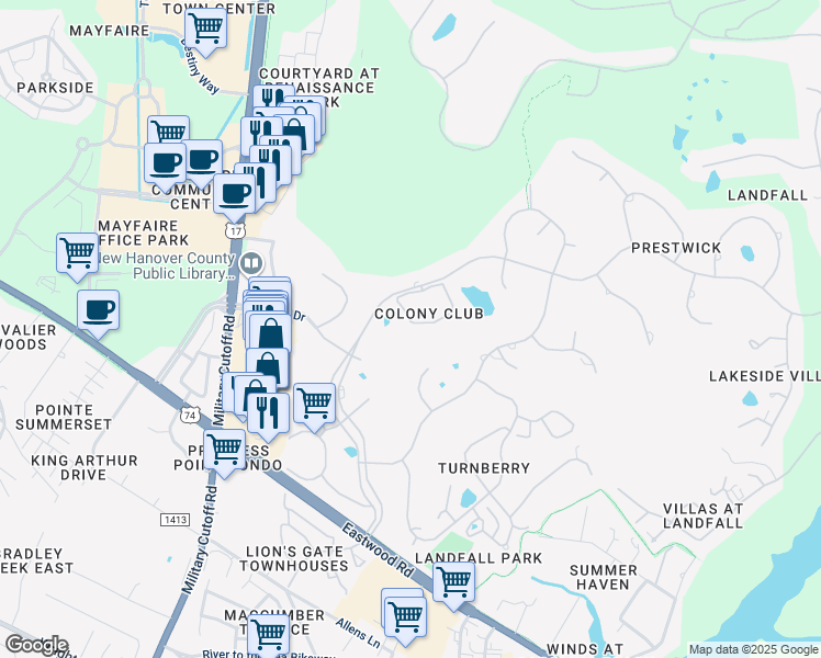 map of restaurants, bars, coffee shops, grocery stores, and more near 1739 Signature Place in Wilmington