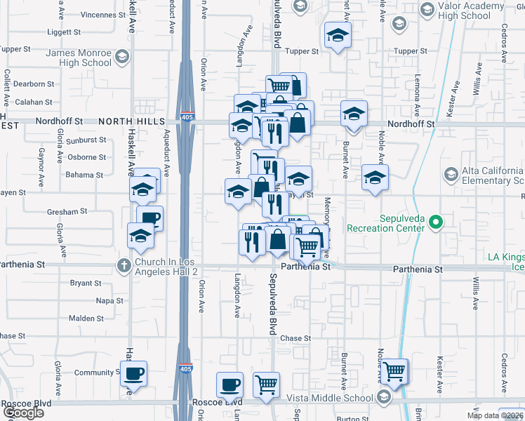 map of restaurants, bars, coffee shops, grocery stores, and more near 8811 Sepulveda Boulevard in Los Angeles