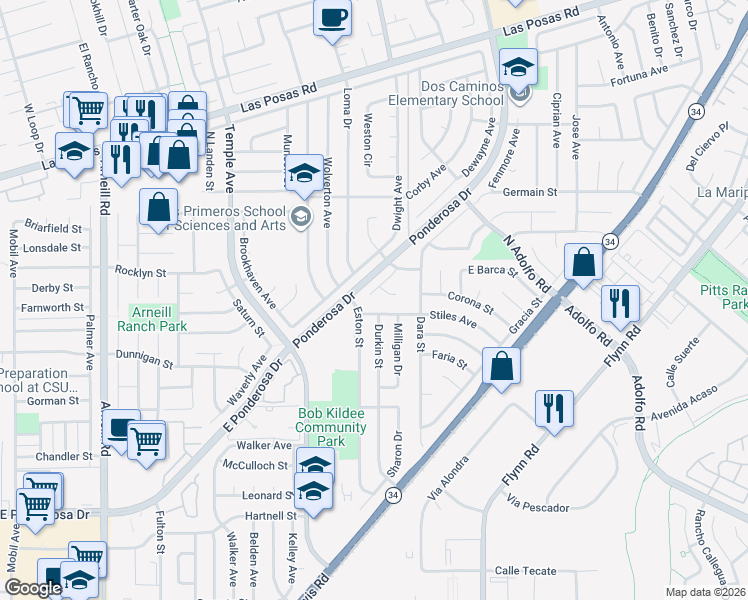 map of restaurants, bars, coffee shops, grocery stores, and more near 3120 Belair Court in Camarillo