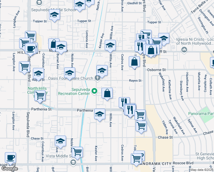 map of restaurants, bars, coffee shops, grocery stores, and more near 8847 Willis Avenue in Los Angeles