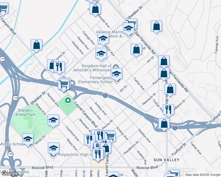 map of restaurants, bars, coffee shops, grocery stores, and more near 12112 Wicks Street in Los Angeles