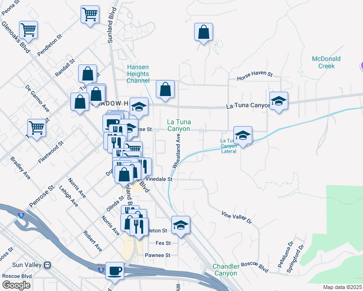 map of restaurants, bars, coffee shops, grocery stores, and more near 8928 Wheatland Avenue in Los Angeles