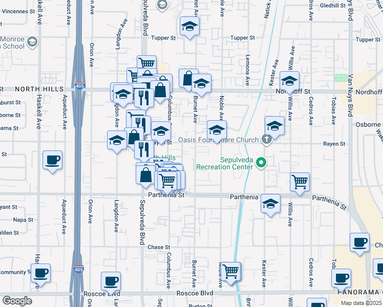 map of restaurants, bars, coffee shops, grocery stores, and more near 15222 Rayen Street in Los Angeles