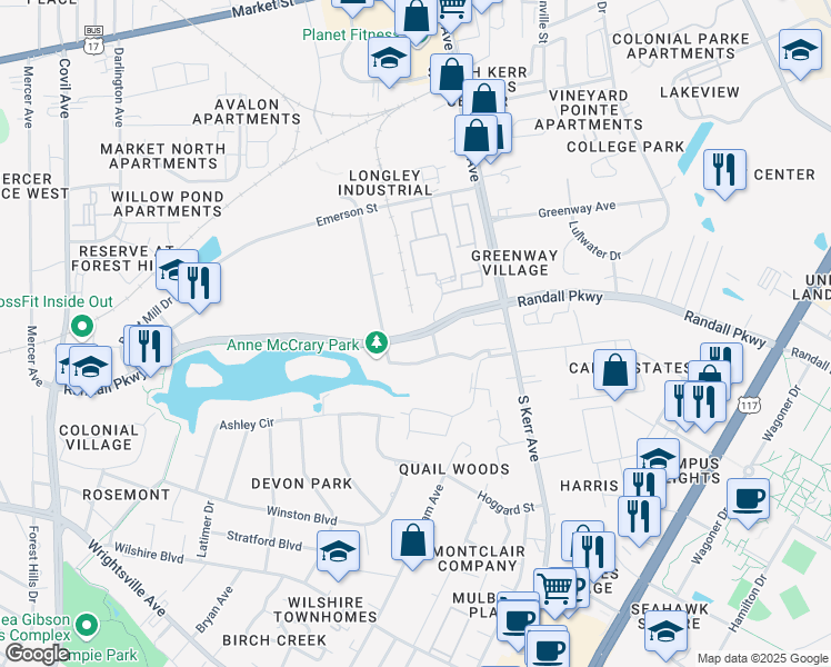 map of restaurants, bars, coffee shops, grocery stores, and more near 4129 Randall Parkway in Wilmington