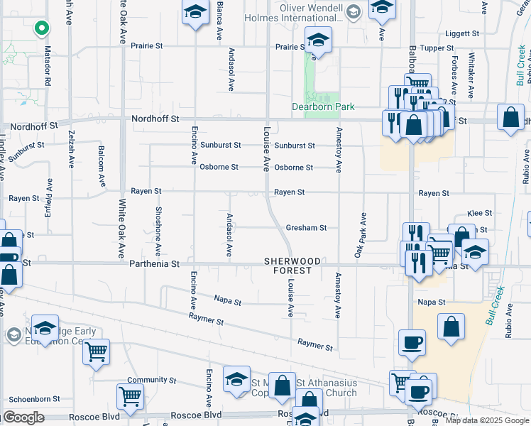 map of restaurants, bars, coffee shops, grocery stores, and more near 8817 Louise Avenue in Los Angeles