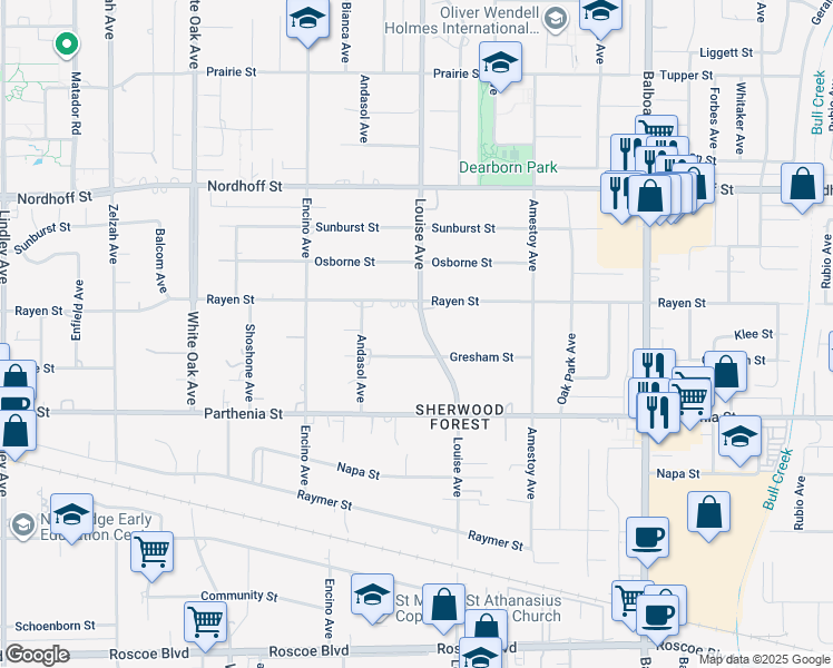 map of restaurants, bars, coffee shops, grocery stores, and more near 8817 Louise Avenue in Los Angeles