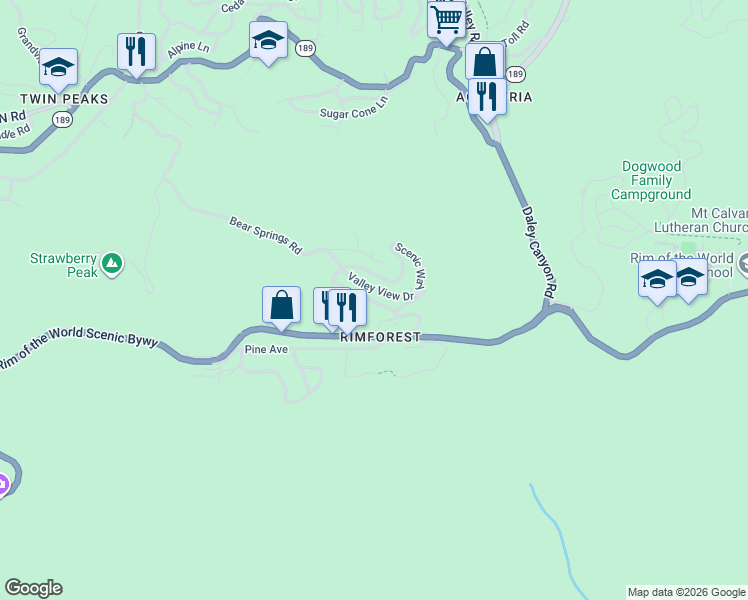 map of restaurants, bars, coffee shops, grocery stores, and more near 26593 Valley View Drive in Rimforest
