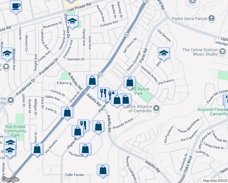 map of restaurants, bars, coffee shops, grocery stores, and more near 1551 Flynn Road in Camarillo