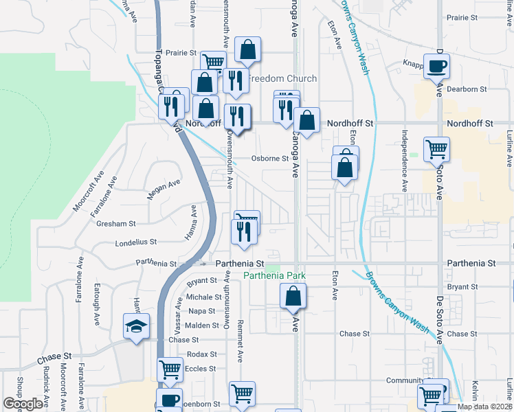 map of restaurants, bars, coffee shops, grocery stores, and more near 8811 Canoga Avenue in Los Angeles