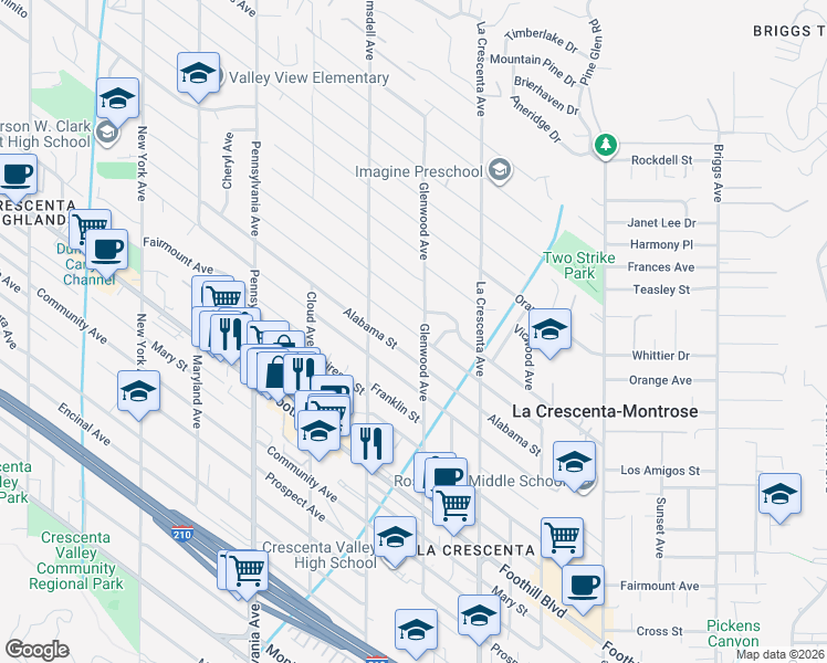 map of restaurants, bars, coffee shops, grocery stores, and more near Stevens Street in La Crescenta-Montrose