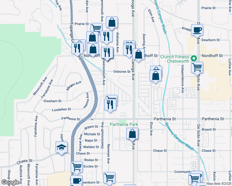 map of restaurants, bars, coffee shops, grocery stores, and more near 8811 Canoga Avenue in Los Angeles
