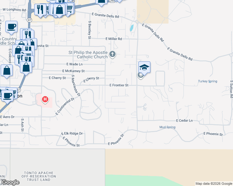 map of restaurants, bars, coffee shops, grocery stores, and more near 807 South Pony Circle in Payson