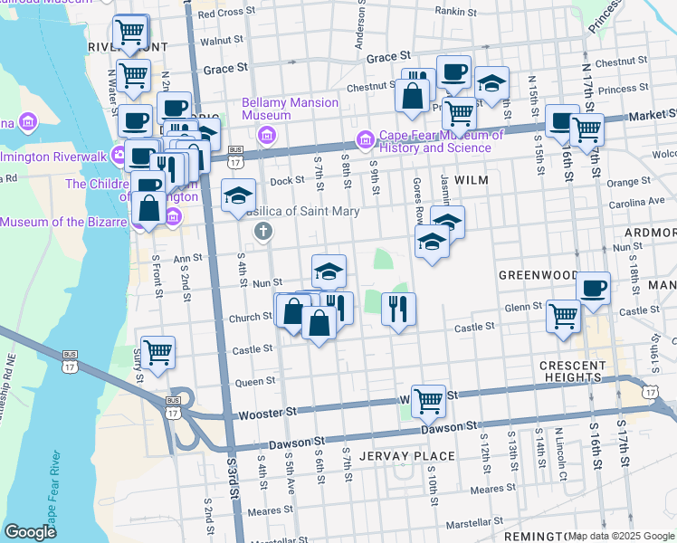 map of restaurants, bars, coffee shops, grocery stores, and more near 707 Nun Street in Wilmington