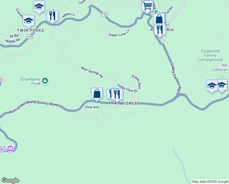 map of restaurants, bars, coffee shops, grocery stores, and more near 1211 Bridal Path in Rimforest