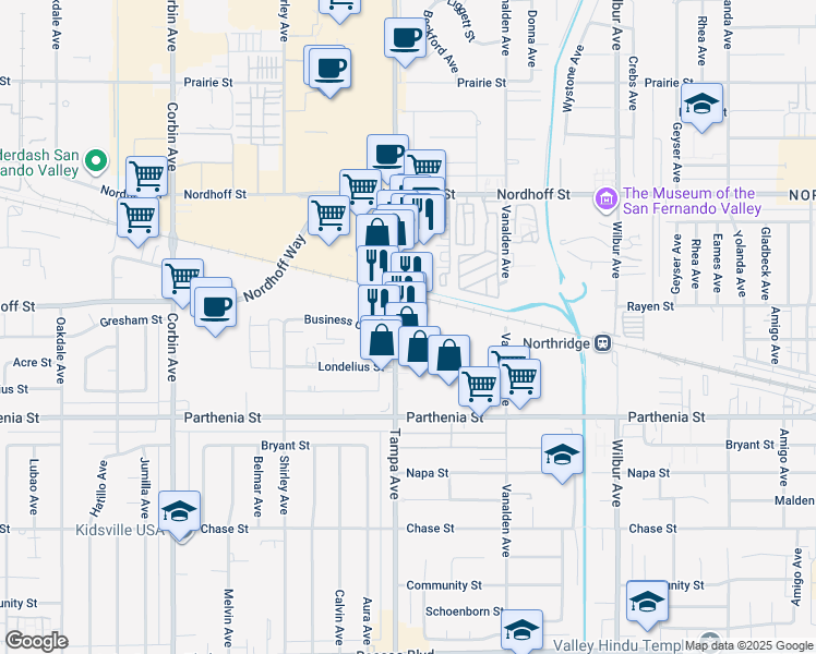 map of restaurants, bars, coffee shops, grocery stores, and more near 8870 Tampa Ave in Northridge