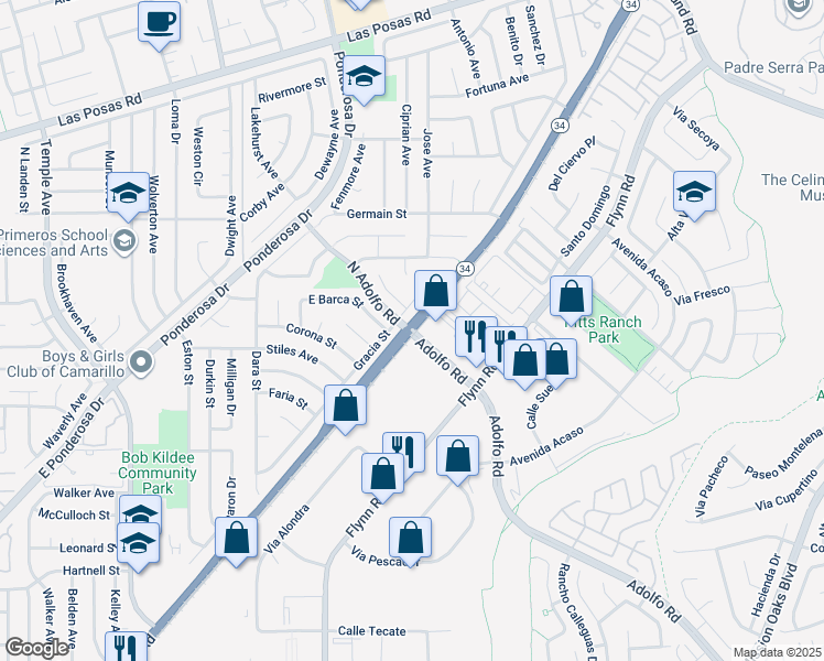 map of restaurants, bars, coffee shops, grocery stores, and more near North Lewis Road & Adolfo Road in Camarillo